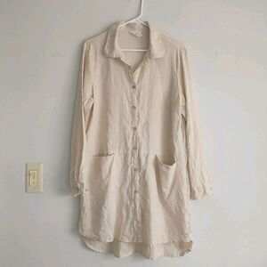 Sigrid Olsen Shirt Dress Tunic L/M*Cream Natural 100%Linen Button Up Long Sleeve
